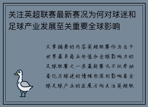 关注英超联赛最新赛况为何对球迷和足球产业发展至关重要全球影响 关注英超联赛最新赛况为何对球迷和足球产业发展至关重要全球影响