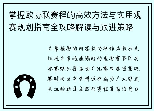 掌握欧协联赛程的高效方法与实用观赛规划指南全攻略解读与跟进策略